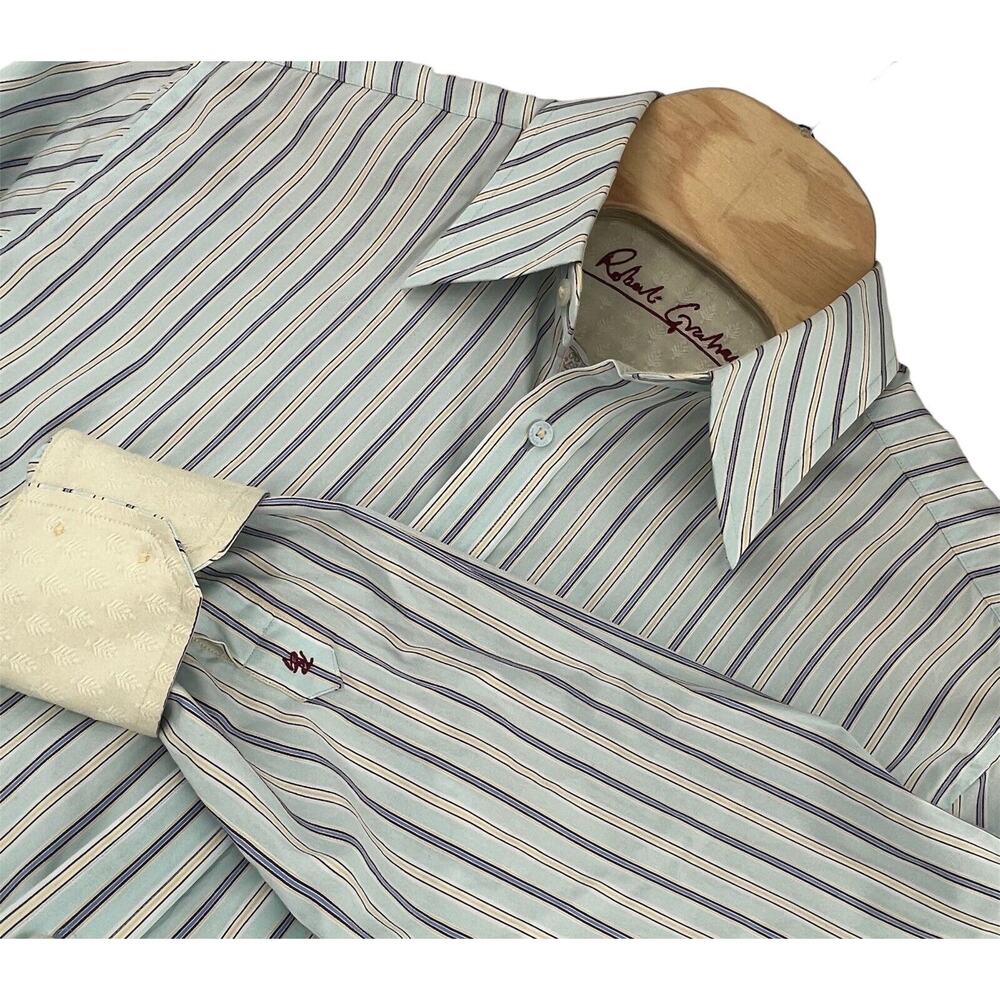 ROBERT GRAHAM Blue White STRIPED Shirt Flip Cuff Button Up Size XL Long Sleeve